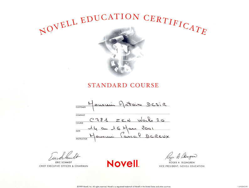 Certificat de formation Novell Zenworks C781