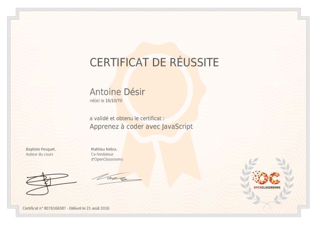 Certificat OpenClassrooms Javascript