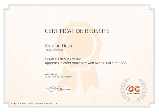 Certificat OpenClassrooms HTML5 CSS3