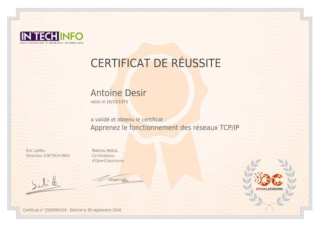 Certificat OpenClassrooms TCP/IP