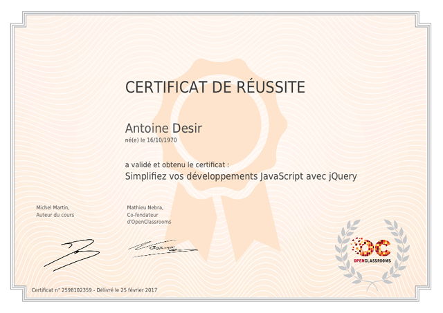Certificat OpenClassrooms jQuery