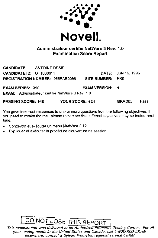Rapport d'examen Certified Novell Administrator 3