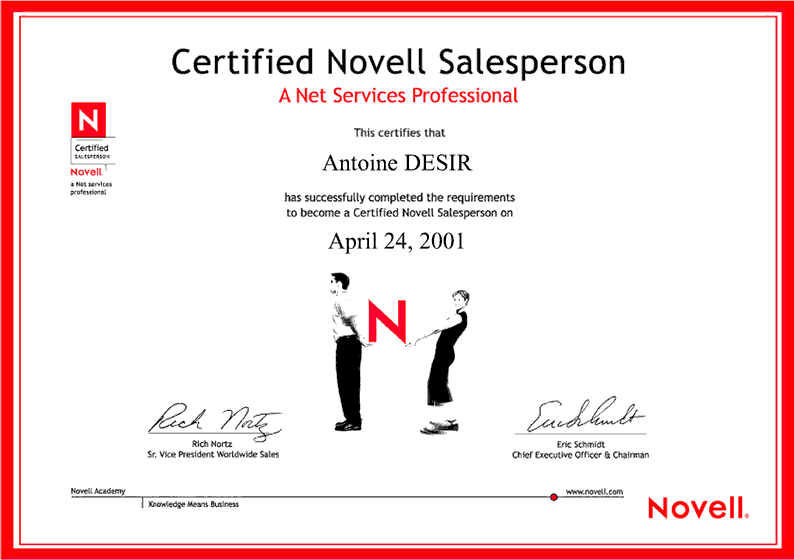Diplôme Certified Novell Salesperson 2001
