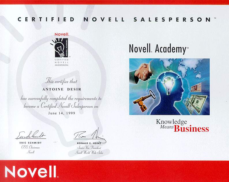 Diplôme Certified Novell Salesperson