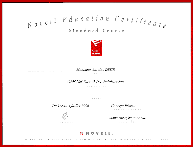Certificat de formation Novell C508